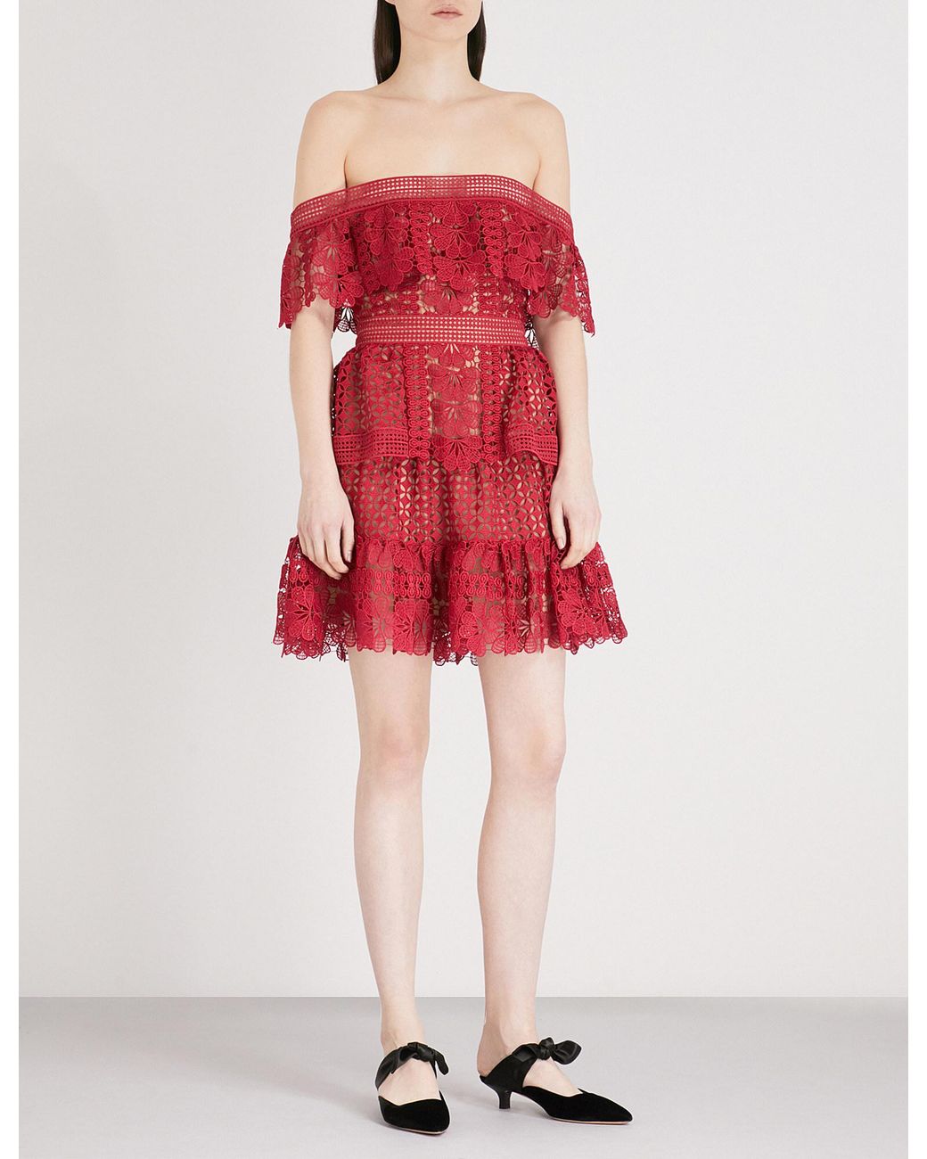 Self-Portrait Off-the-shoulder Guipure-lace Dress in Red | Lyst Canada