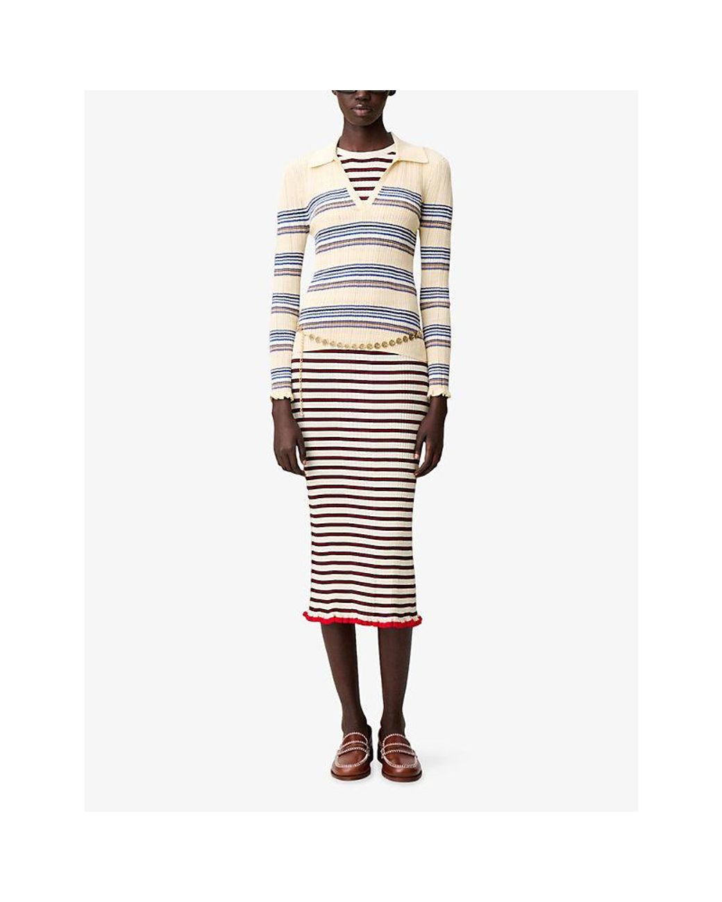 Claudie Pierlot White Striped Collared Knitted Top