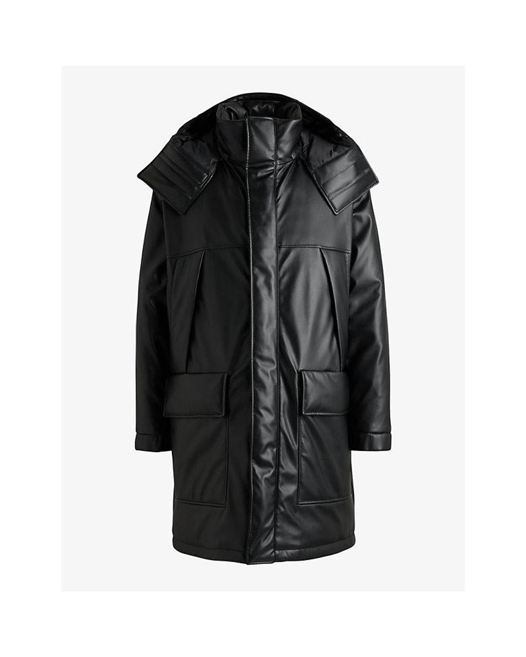 HUGO Black Embossed-Logo Longline Faux Leather-Down Jacket for men
