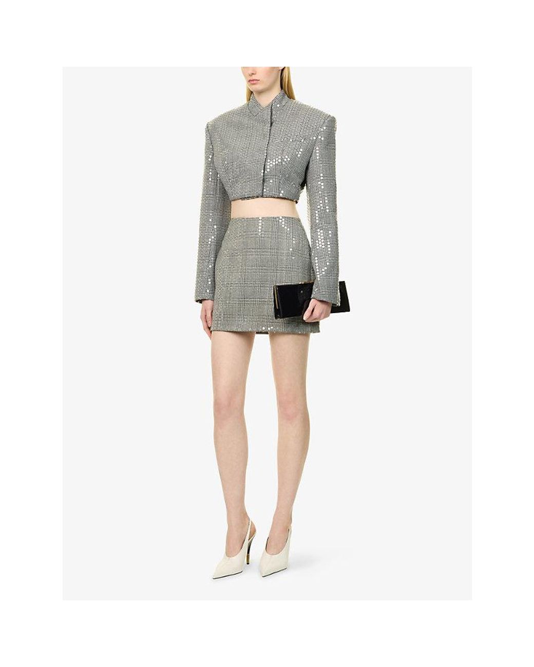David Koma Gray Checked Sequin-Embellished Wool Mini Skirt