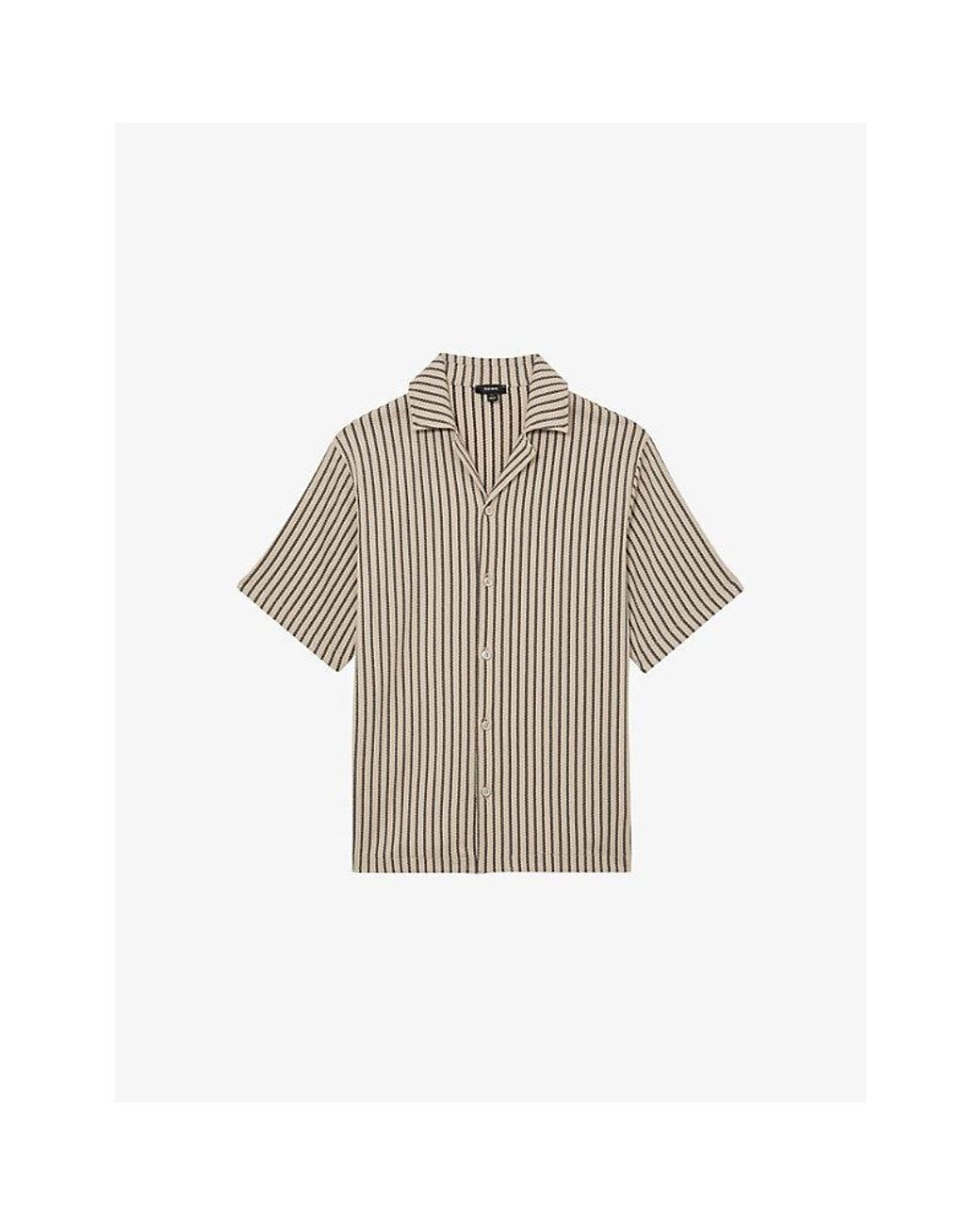 Reiss Gray Griff Cuban-Collar Striped Stretch-Woven Shirt for men