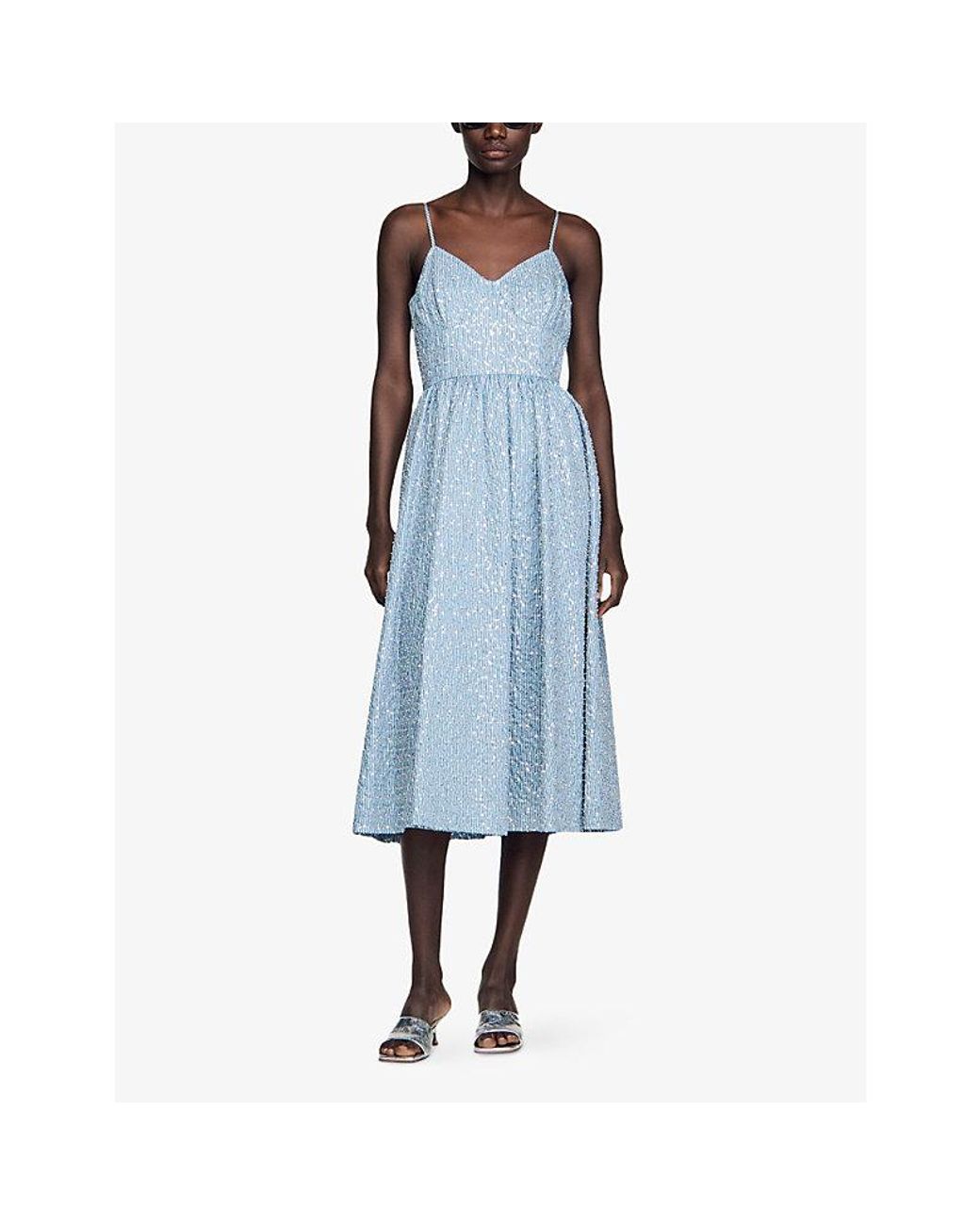 Sandro Blue Striped Sequin-Embellished Lyocell Midi Dress
