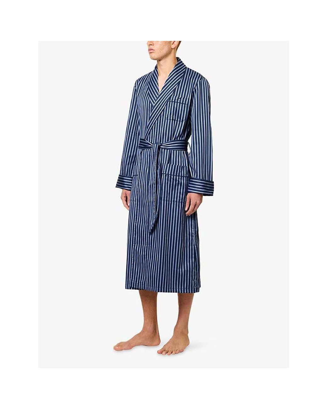 Derek Rose Blue Wellington Stripe Cotton Robe for men