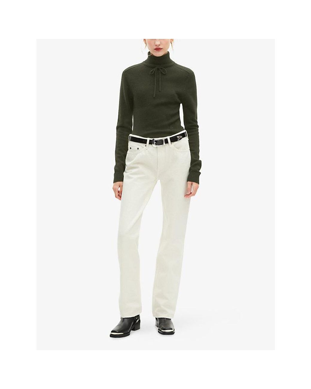 The Kooples Green Turtleneck Brand-Embroidered Cashmere-Blend Jumper