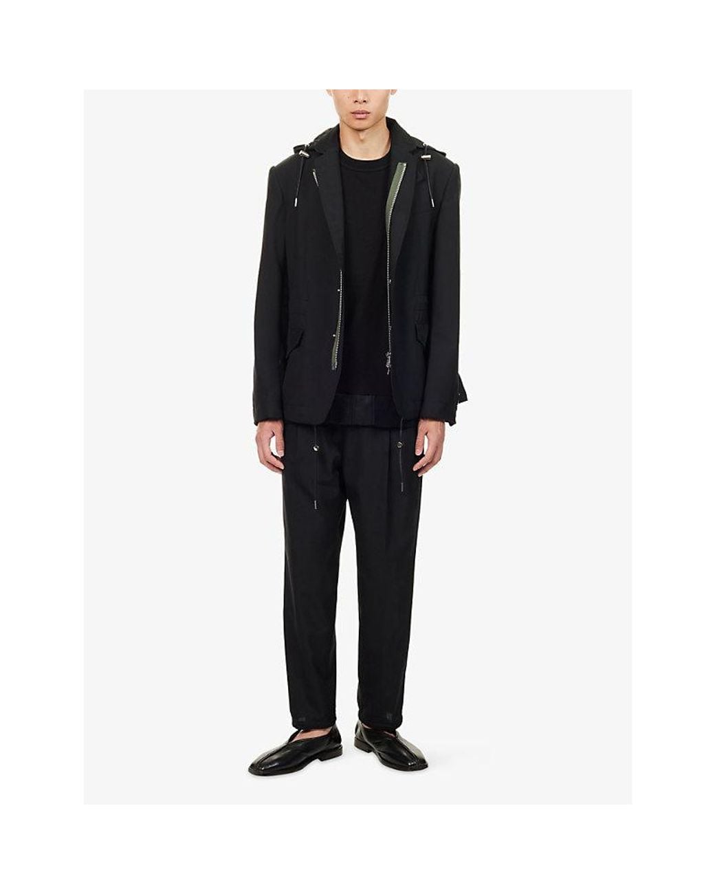 Sacai Blue Detachable-Hood Notch-Lapel Woven Jacket for men