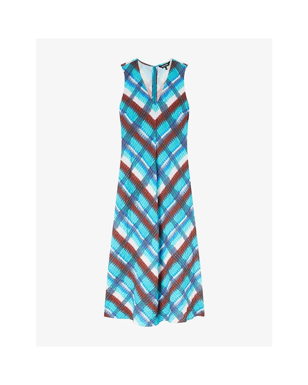 Whistles Blue Checked V-Neck Cotton Midi Dress