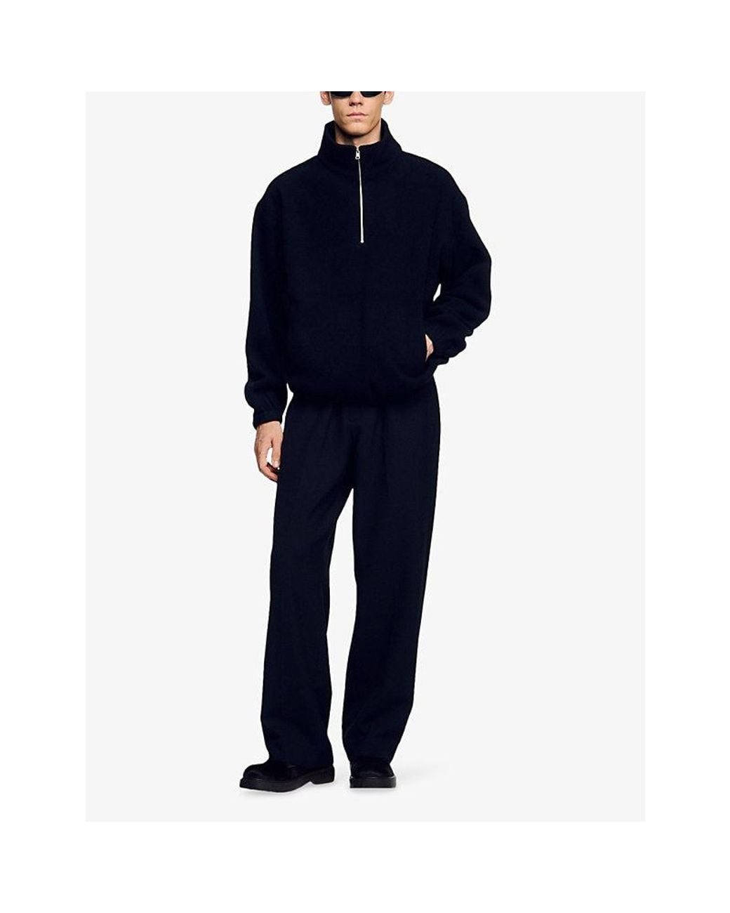 Sandro Black Half-Zip Oversized-Fit Fleece Sweatshirt
