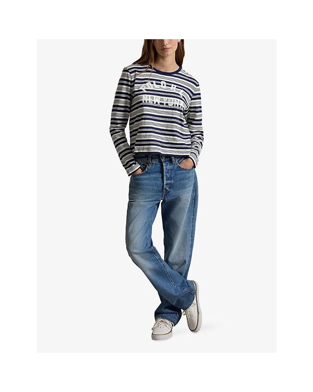 Polo Ralph Lauren Blue Branded Striped Cotton-Jersey T-Shirt