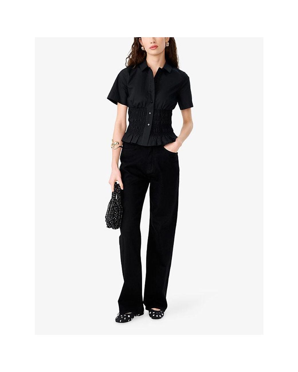 OMNES Black Merida Shirred-Panel Short-Sleeve Cotton Blouse