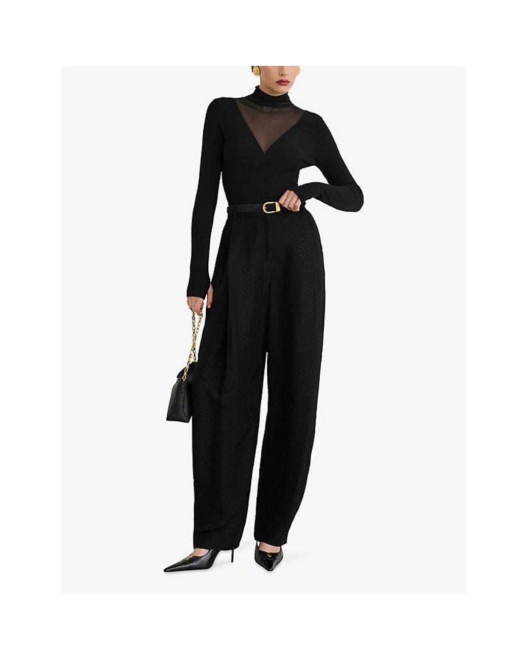 Reiss Black Vanessa Sheer-Panel Stretch-Woven Top
