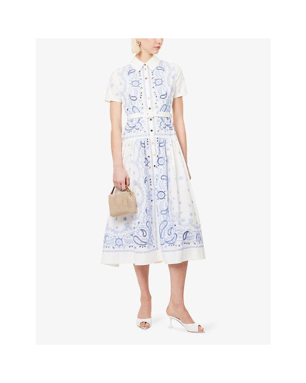 Self-Portrait Blue Belted Embroidered Cotton Midi Dress