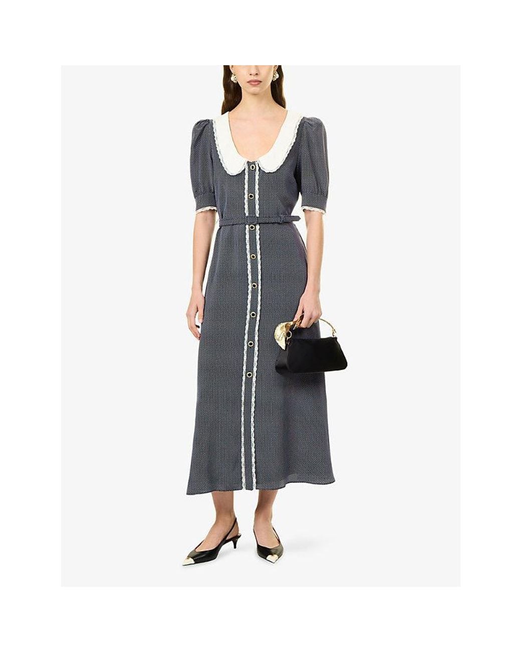 Alessandra Rich Blue Polka-Dot Belted Silk Midi Dress