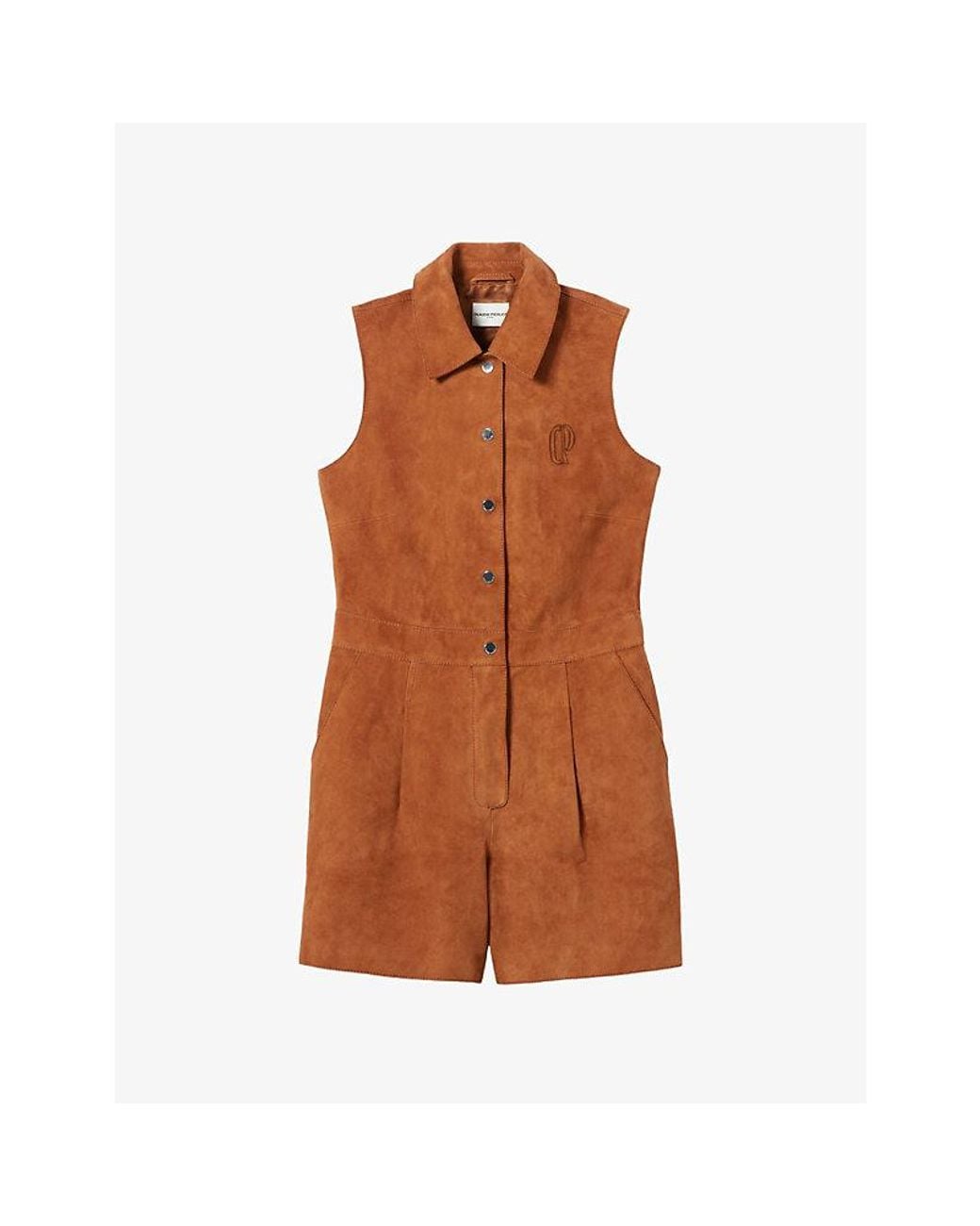 Claudie Pierlot Brown Sleeveless Brand-Embroidered Suede Playsuit