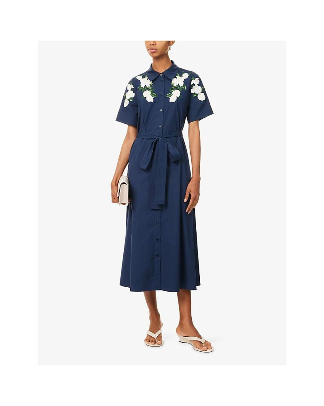 Carolina Herrera Blue Floral-Embroidered Short-Sleeve Cotton-Blend Midi Dress