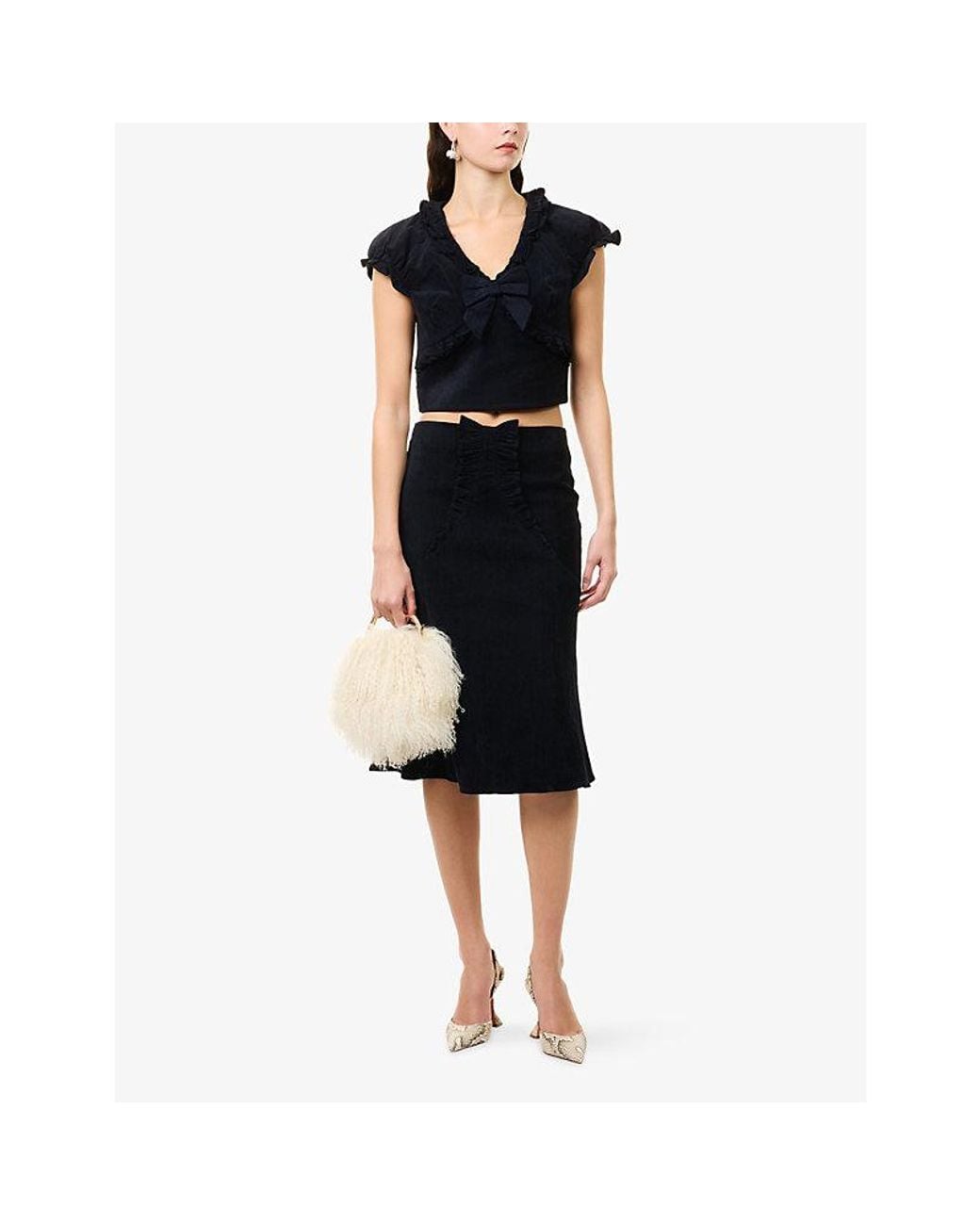 ShuShu/Tong Blue Ruffle-Trim Flared-Hem Velvet Midi Skirt