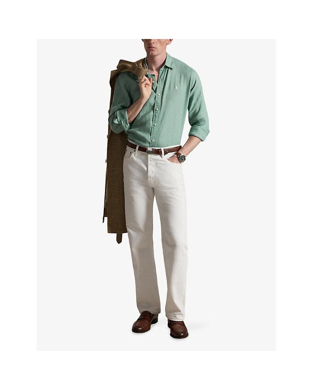 Polo Ralph Lauren Blue Brand-Embroidered Custom-Fit Linen Shirt for men