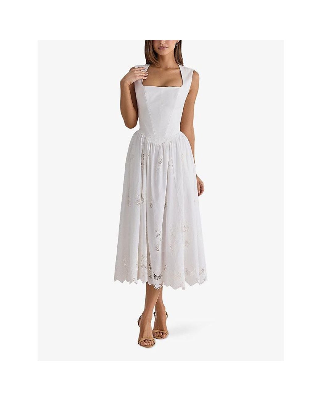 House Of Cb White Safira Broderie-Anglaise Cotton Midi Dress