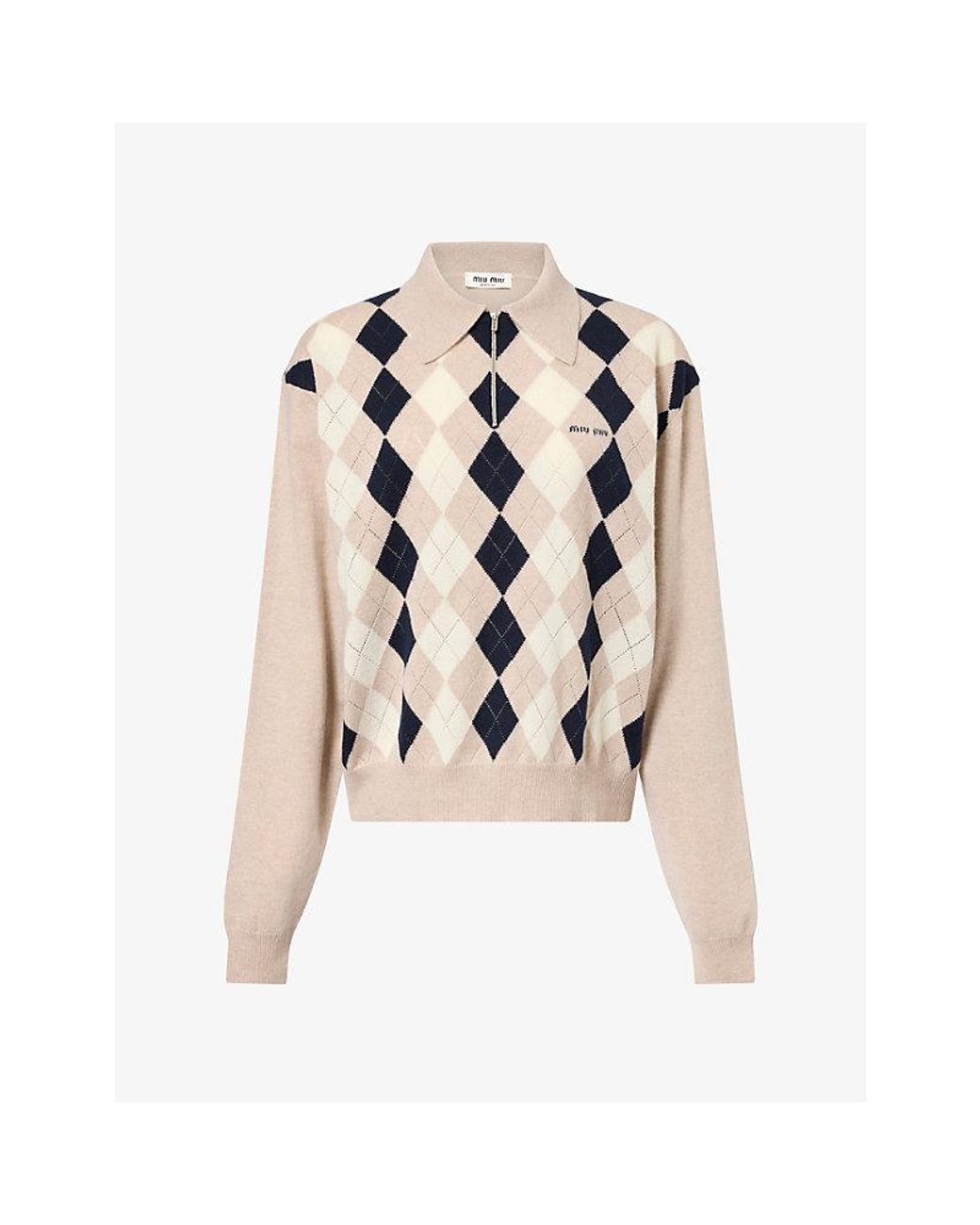 Miu Miu Natural Argyle Long-Sleeve Cashmere Polo Top