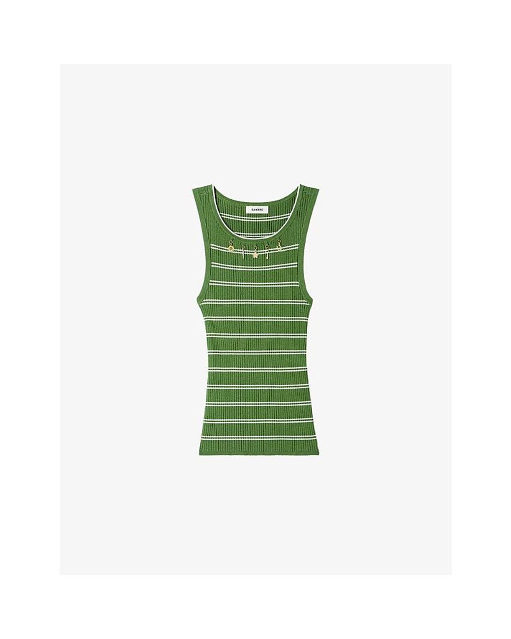 Sandro Green Charm-Embellished Striped Knitted Vest Top