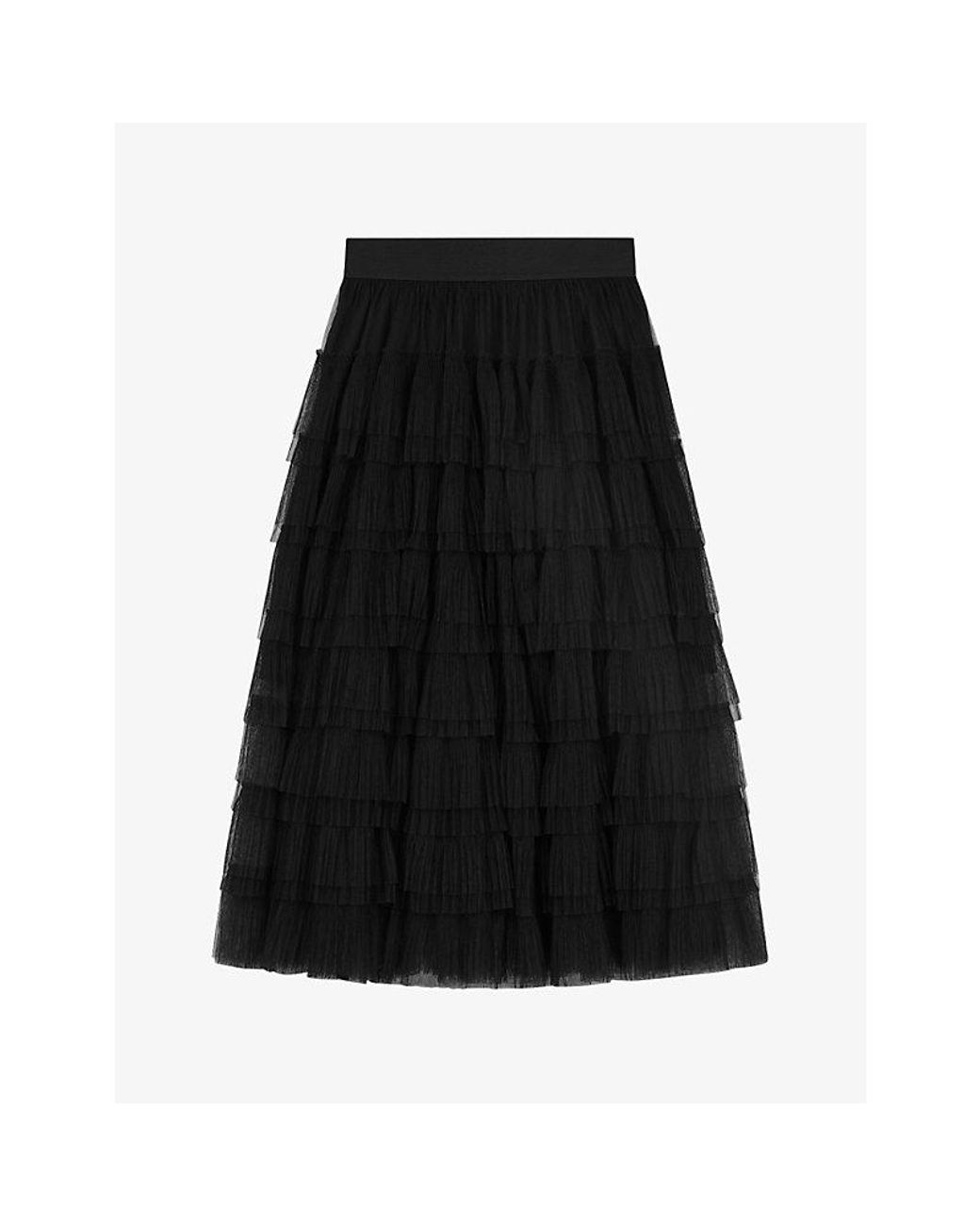 Maje Black Josepha Ruffle-Tiered Tulle Midi Skirt