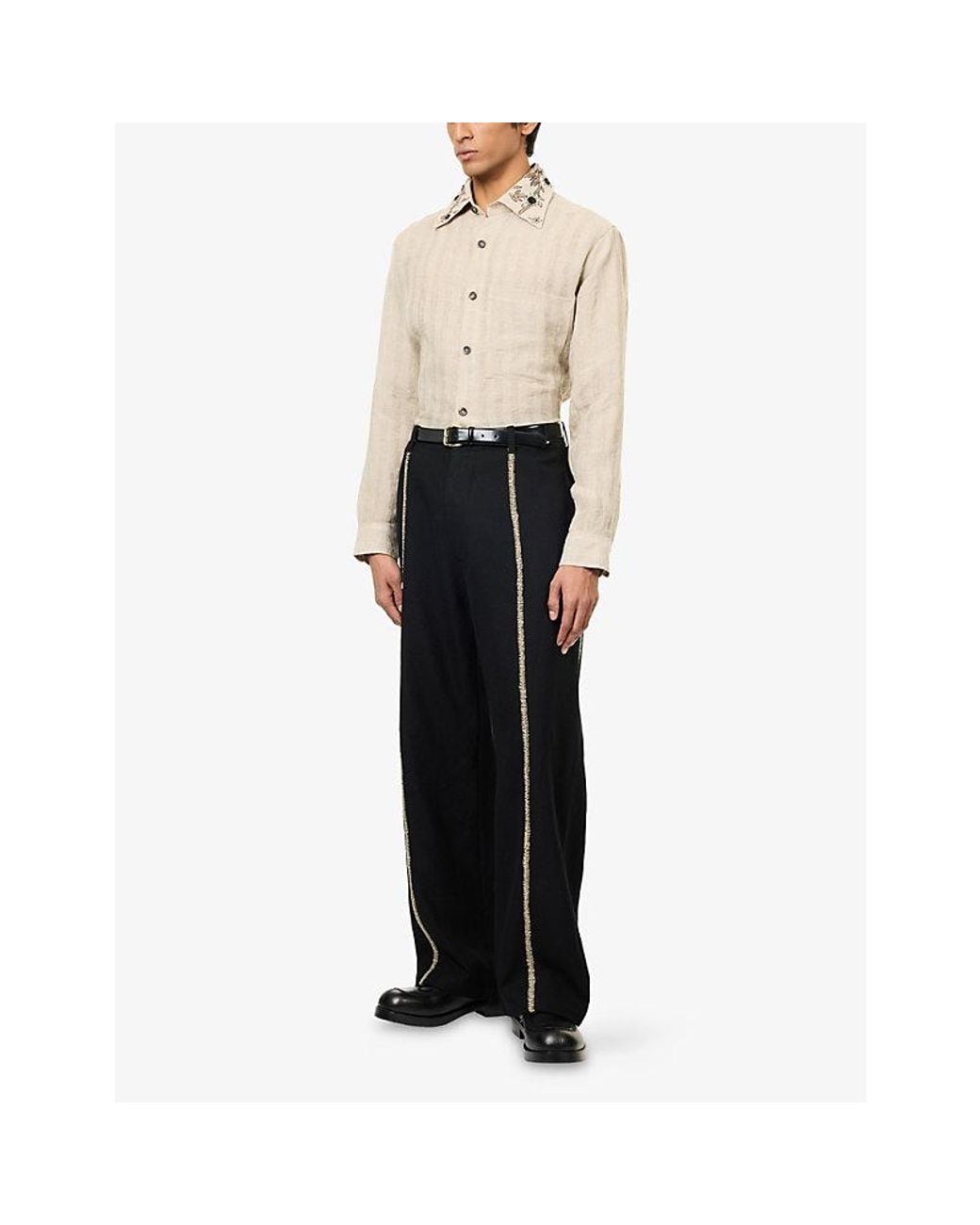 Kartik Research Natural Embroidered Patch-Pocket Linen Shirt for men