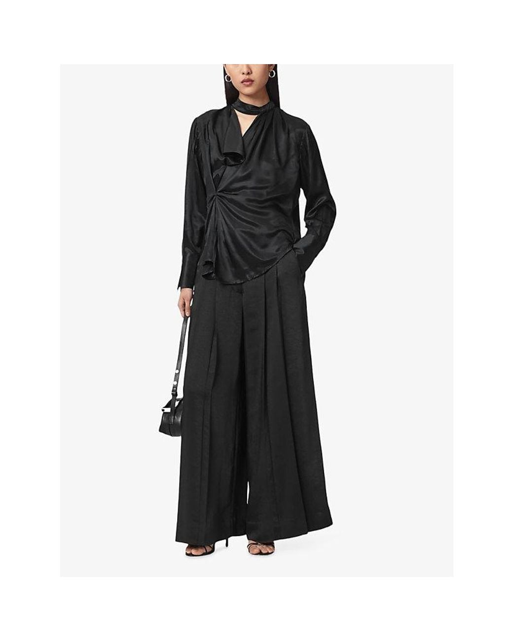 AllSaints Black Zellie High-Neck Silk-Blend Top