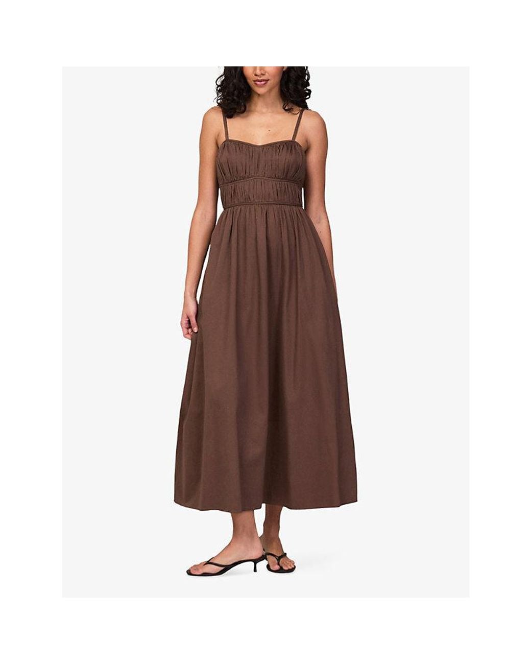 Ro&zo Brown Ruched Sweetheart-Neck Cotton Midi Dress