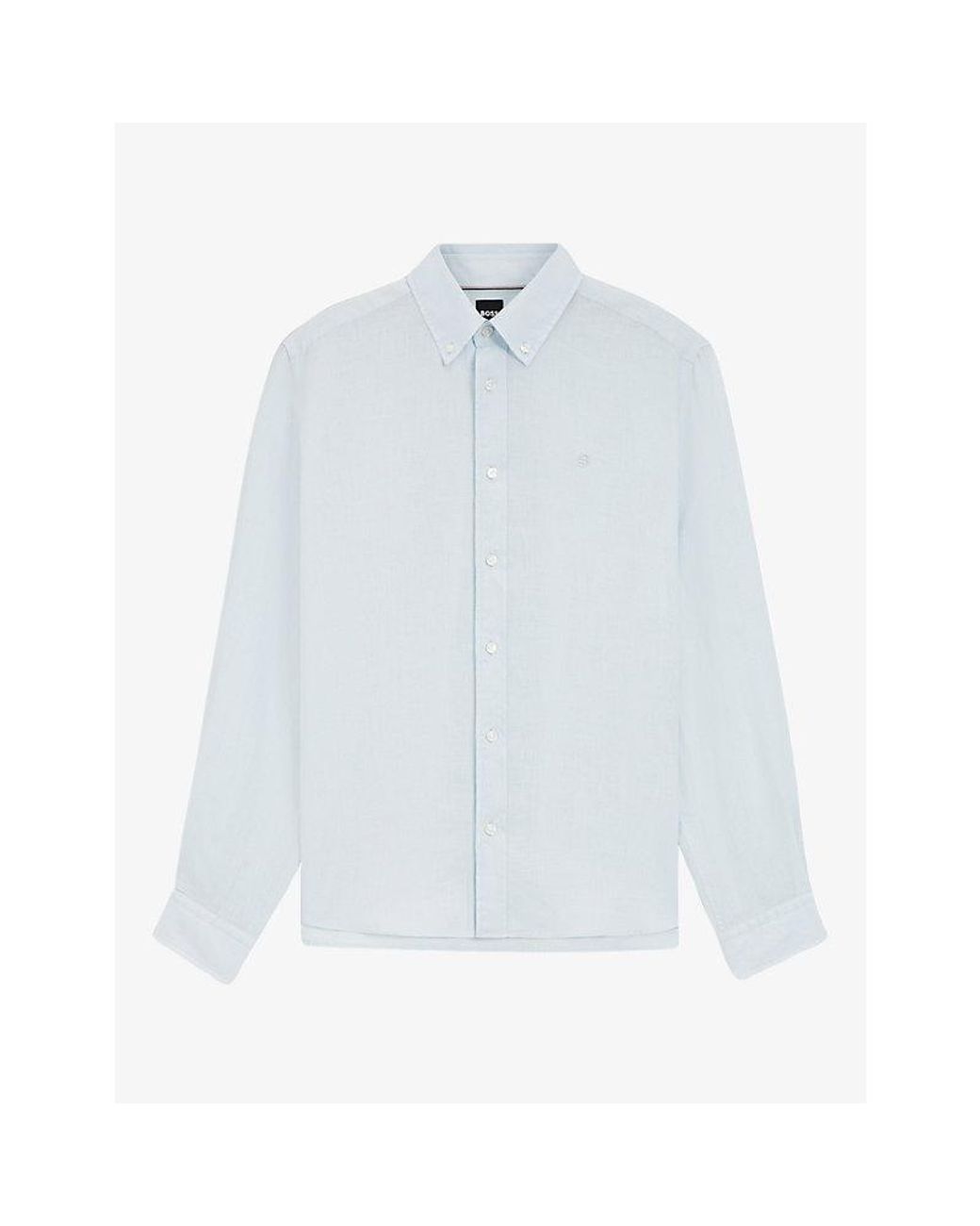 Boss White Brand-Embroidered Long-Sleeved Linen Shirt for men