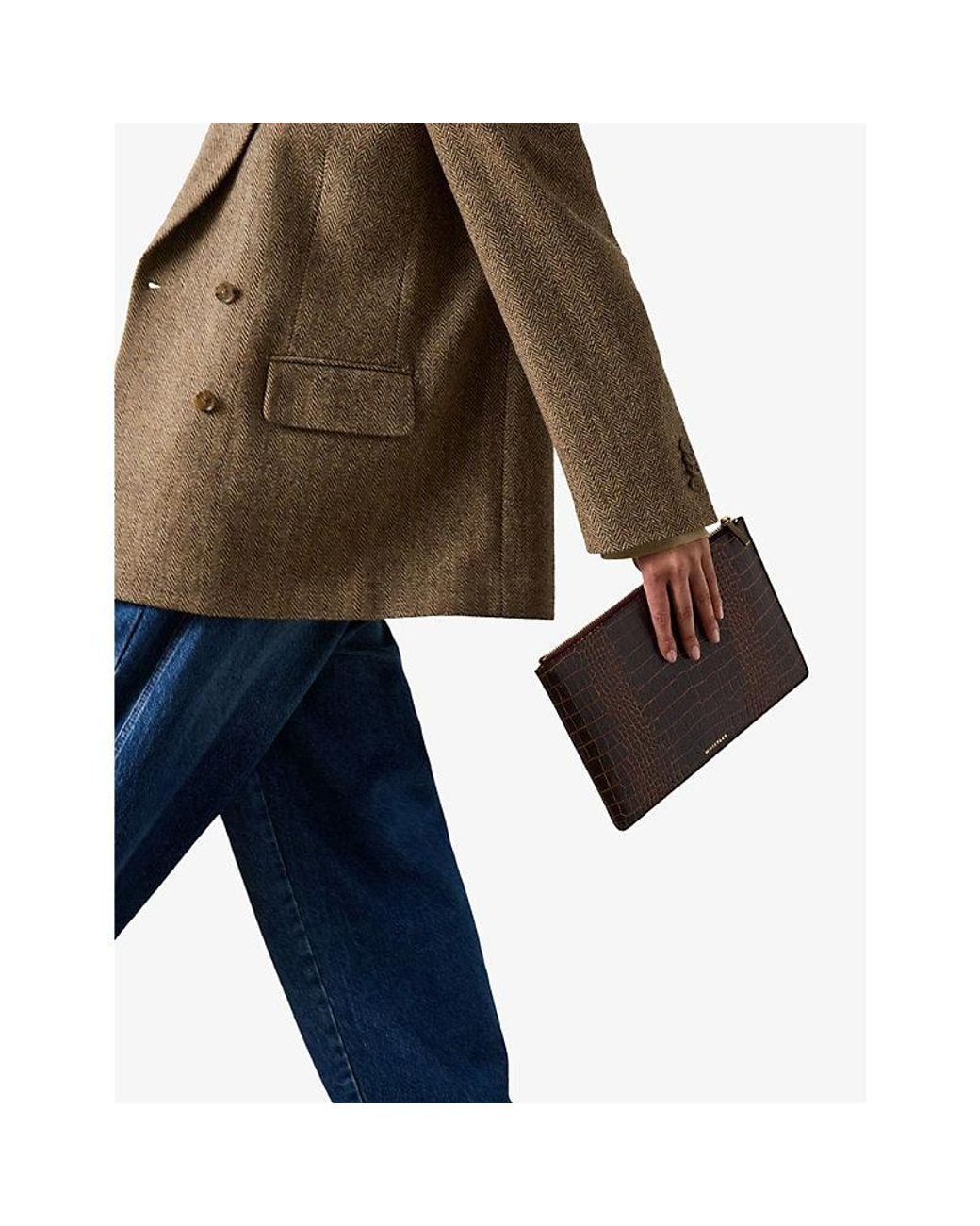 Whistles Brown Croc-Embossed Leather Clutch
