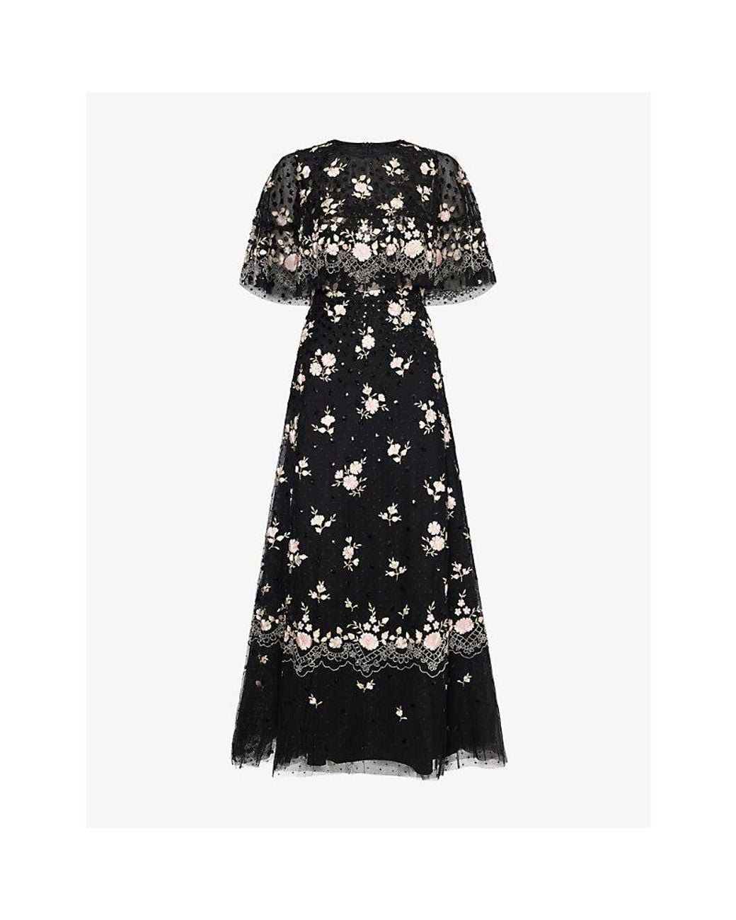 Needle & Thread Black Henrietta Sequin Scallop Cape Ankle Gown