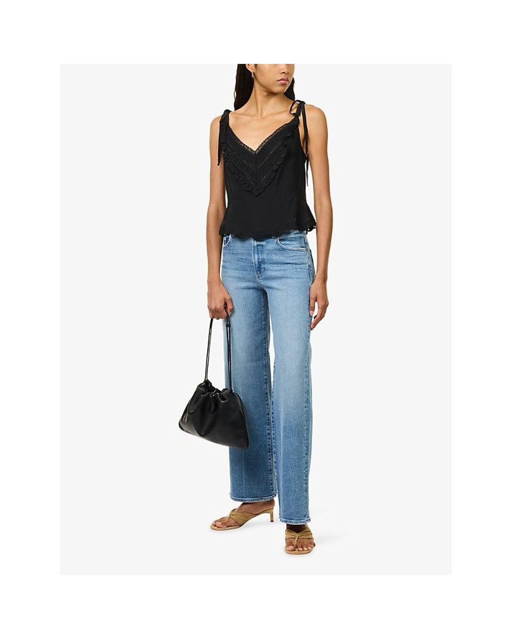 PAIGE Black Caroline Lace-Trim Silk Top