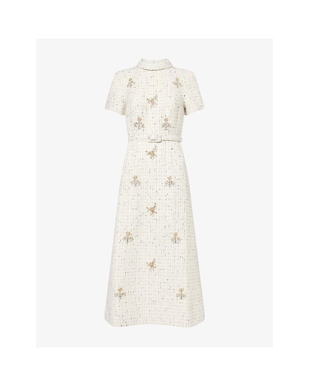 Huishan Zhang White Genevieve Crystal-Embellished Tweed Midi Dress