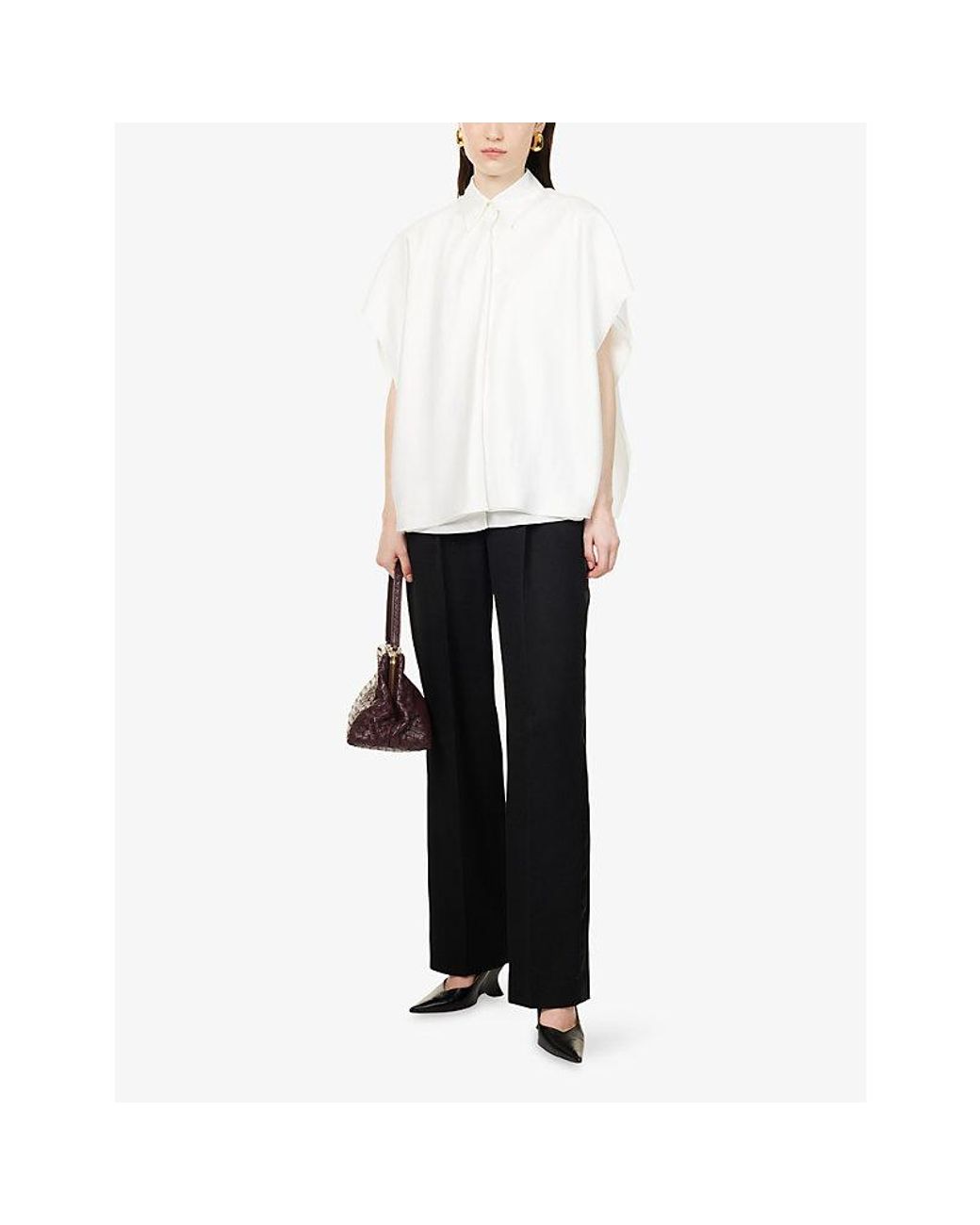Bottega Veneta White Collared Cap-Sleeve Silk Top