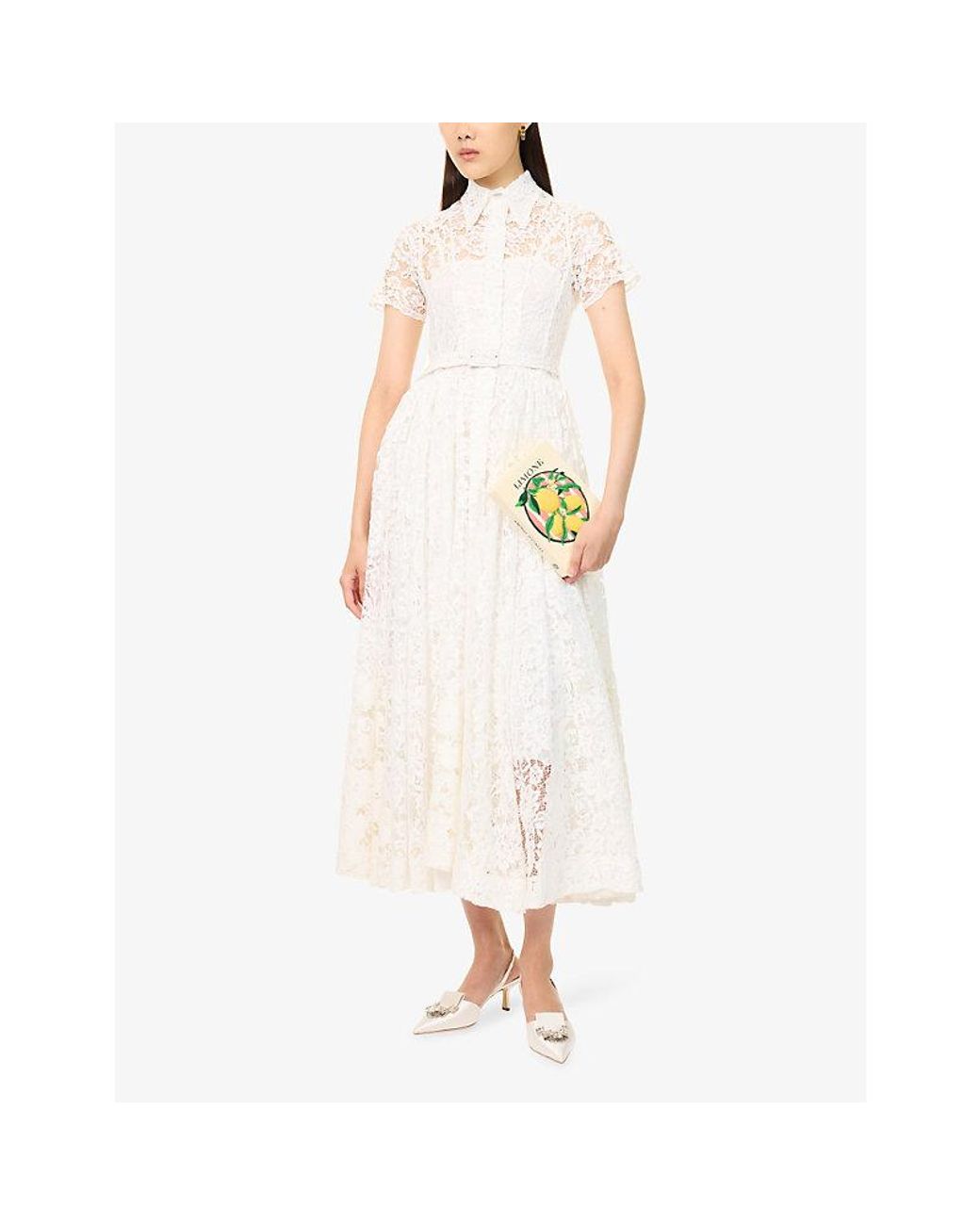 Mona Alshebil White Semi-Sheer Belted Lace Maxi Dress