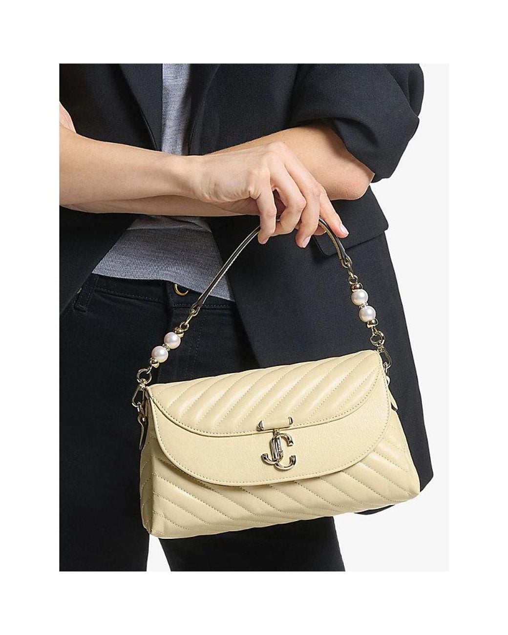 Jimmy Choo Natural Avenue Curve Top Handle Quilted Biker Leather Shoulder Bag