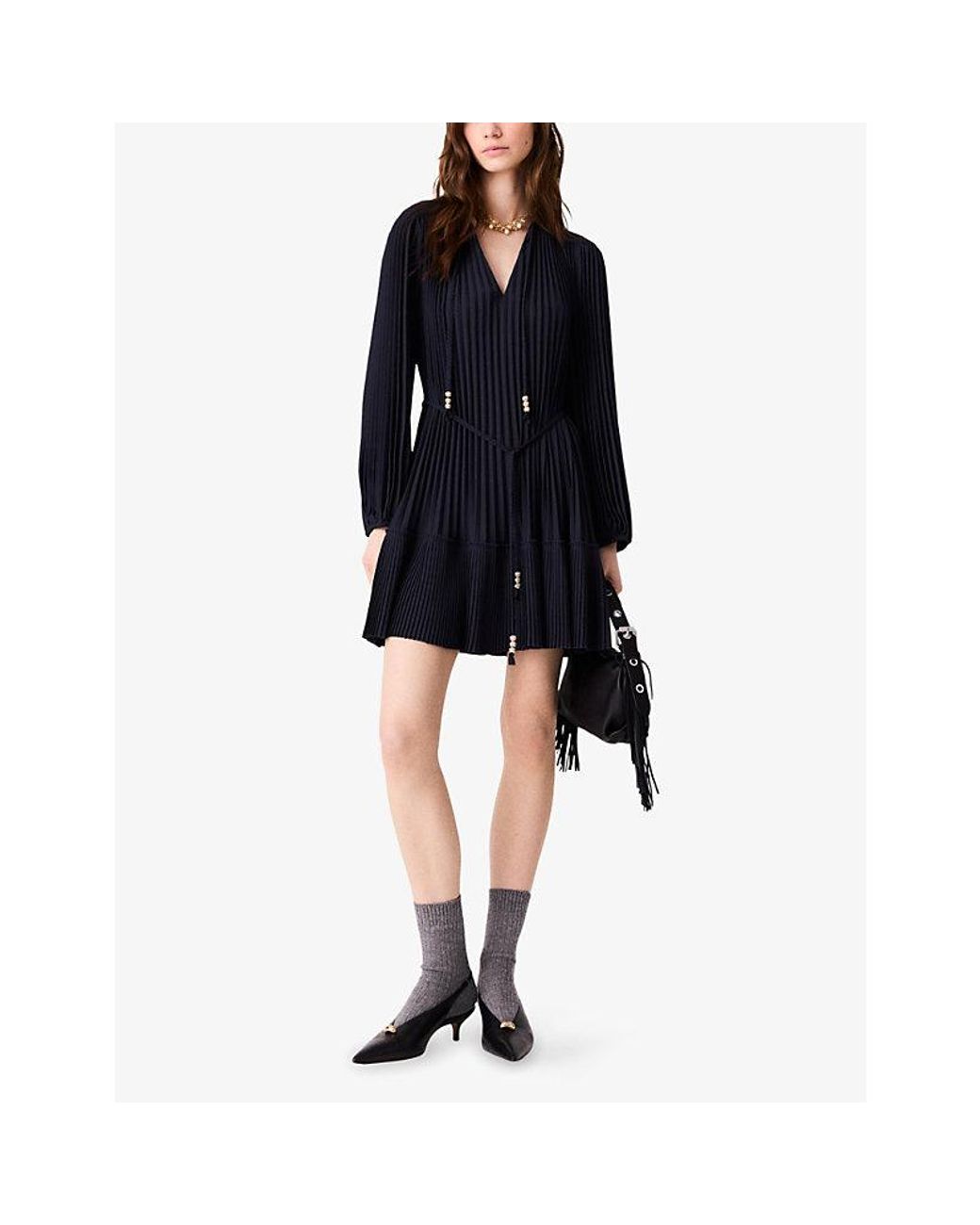 Maje Blue Pleated Blouson-Sleeve Woven Mini Dress