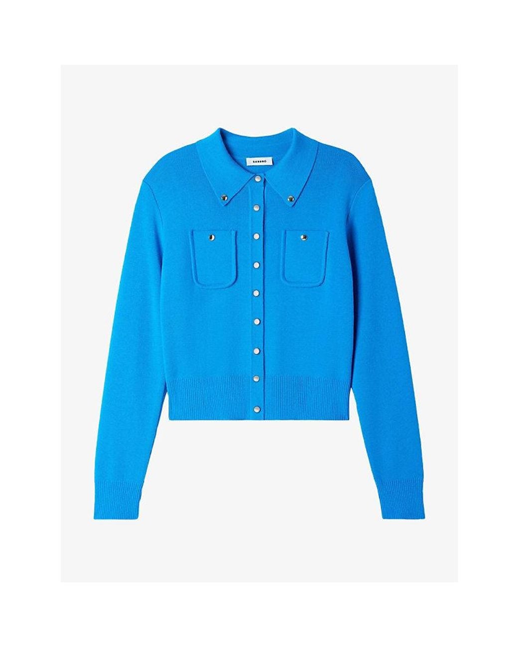 Sandro Blue Button-Embellished Patch-Pocket Wool-Blend Cardigan