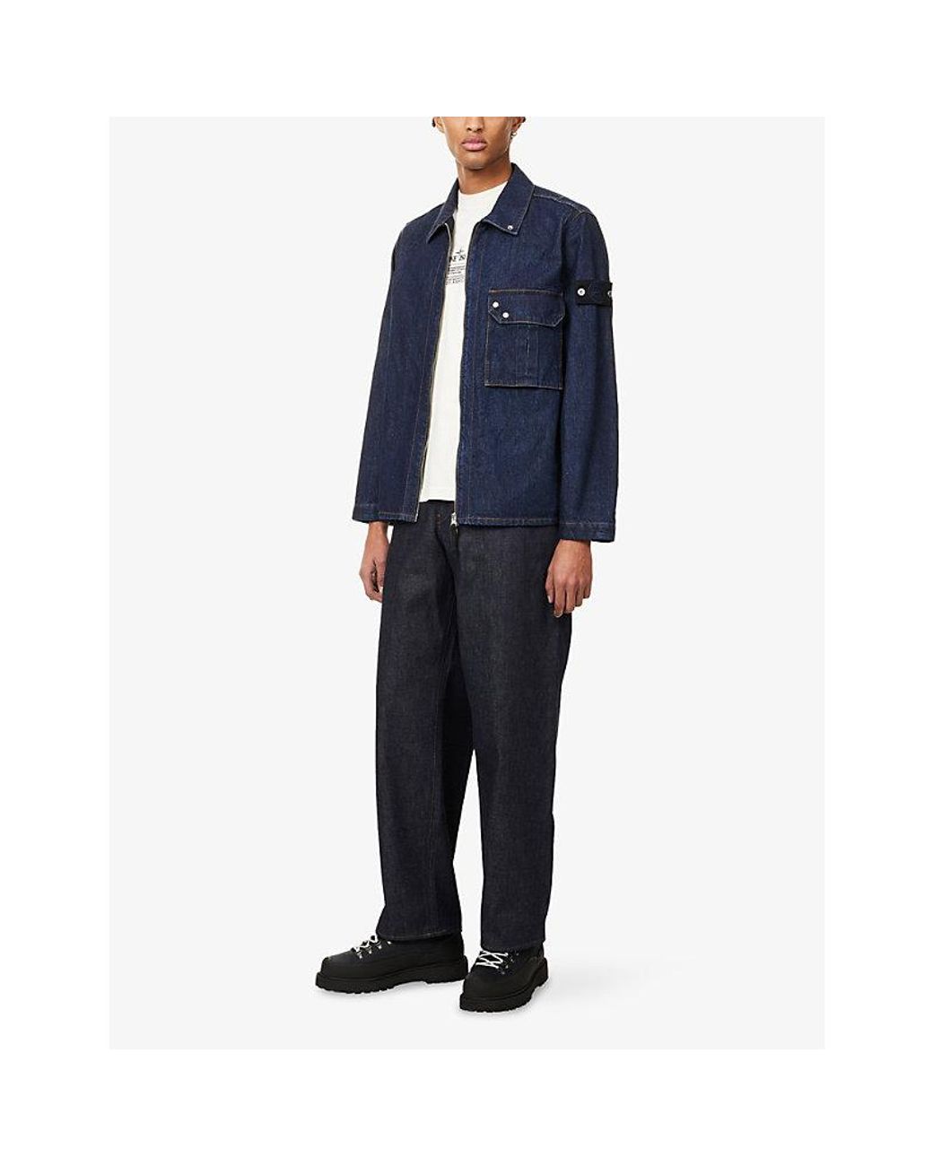 Stone Island Blue Patch-Pocket Zip-Up Denim Shirt for men