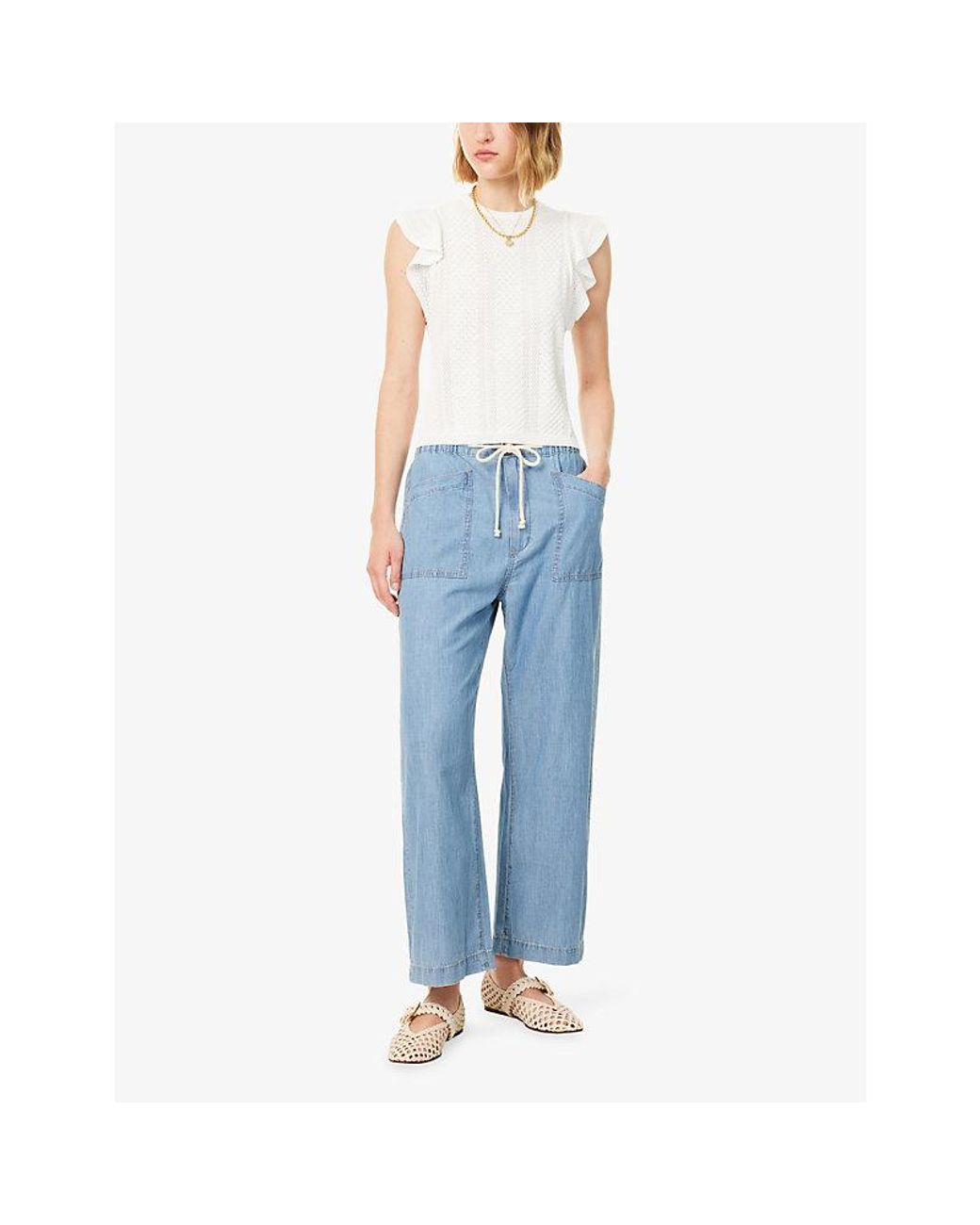 PAIGE Blue Evann Drawstring Cotton Denim Trousers