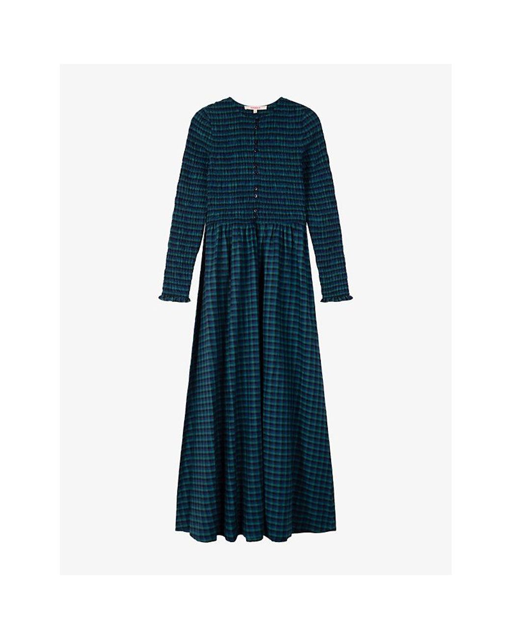 OMNES Blue Mina Checked Cotton Maxi Dress