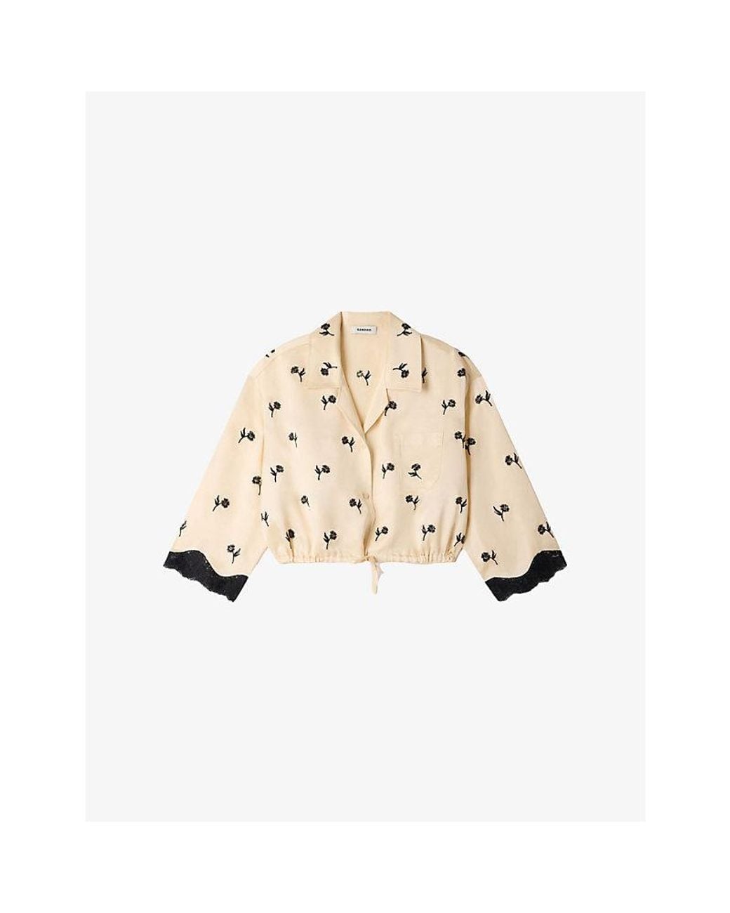Sandro Natural Floral-Embroidered Drawstring-Hem Woven Shirt