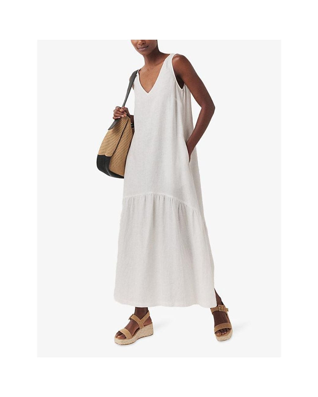 The White Company V-Neck Curved-Hem Linen Maxi Dress in White | Lyst UK