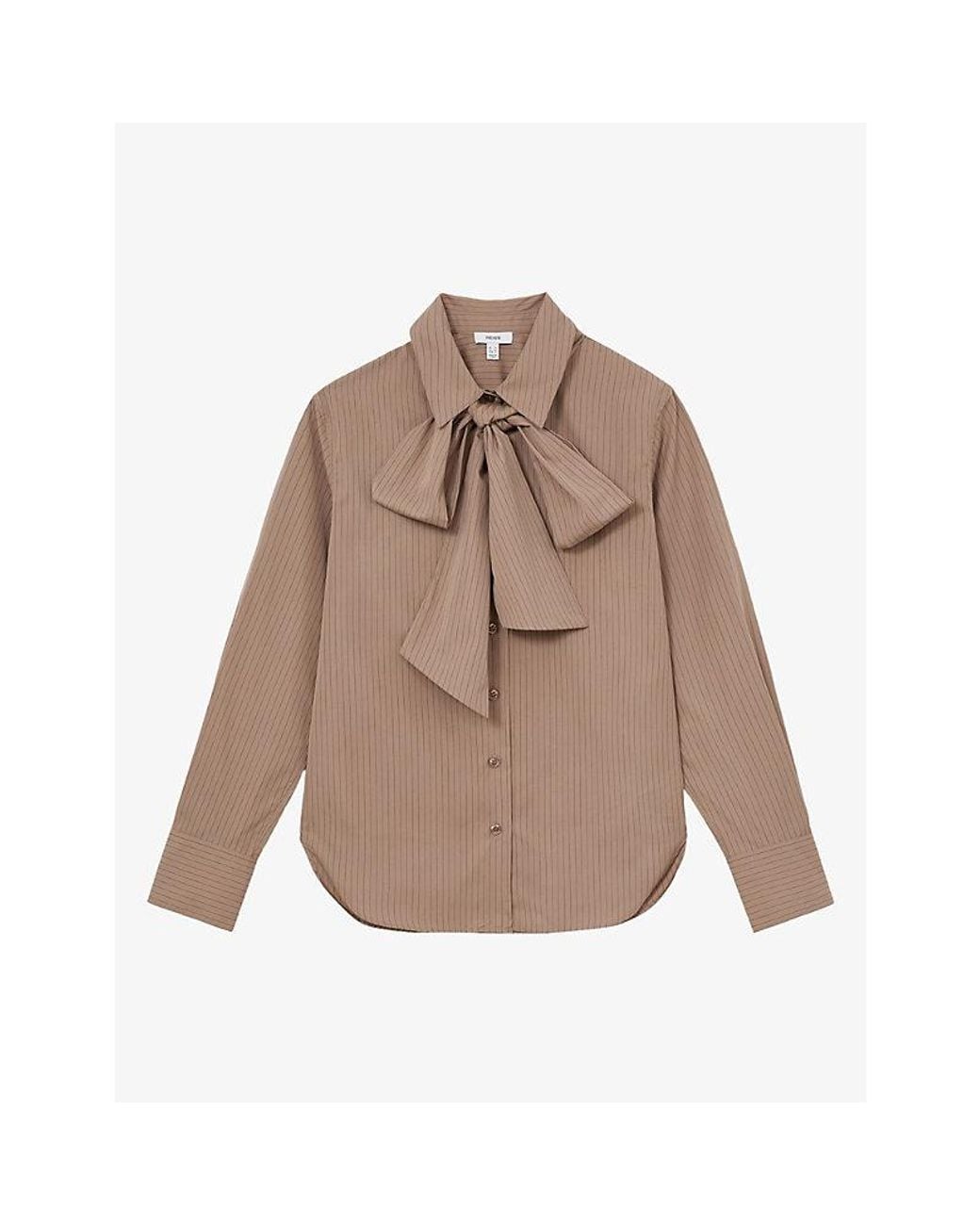 Reiss Natural Elowen Striped Tie-Neck Cotton Shirt