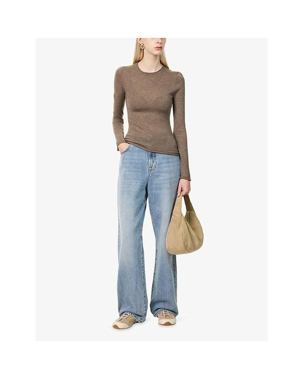 ME+EM Brown Barely There Merino And Cashmere Top