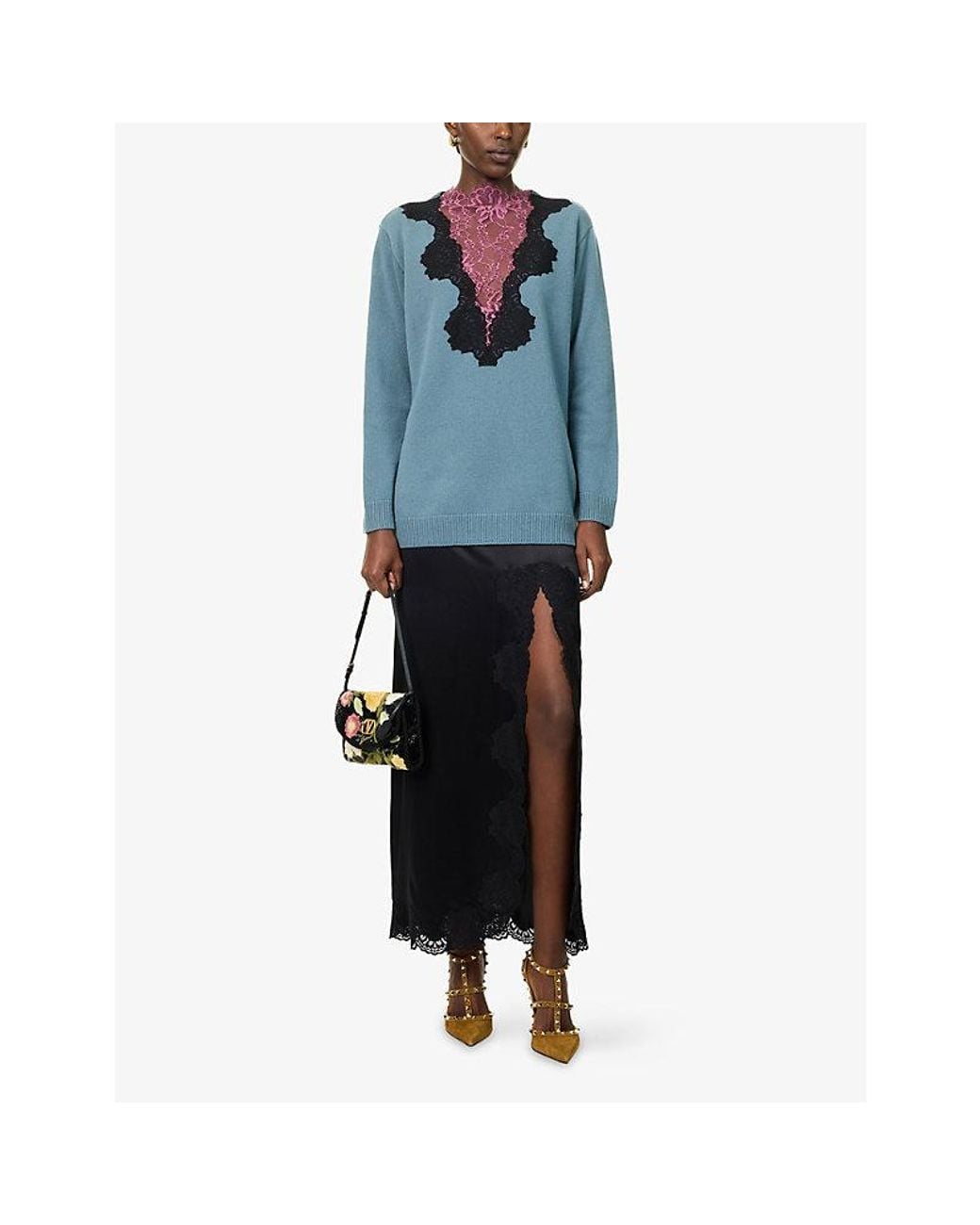 Valentino Blue Maglia Lace-Insert Wool Jumper