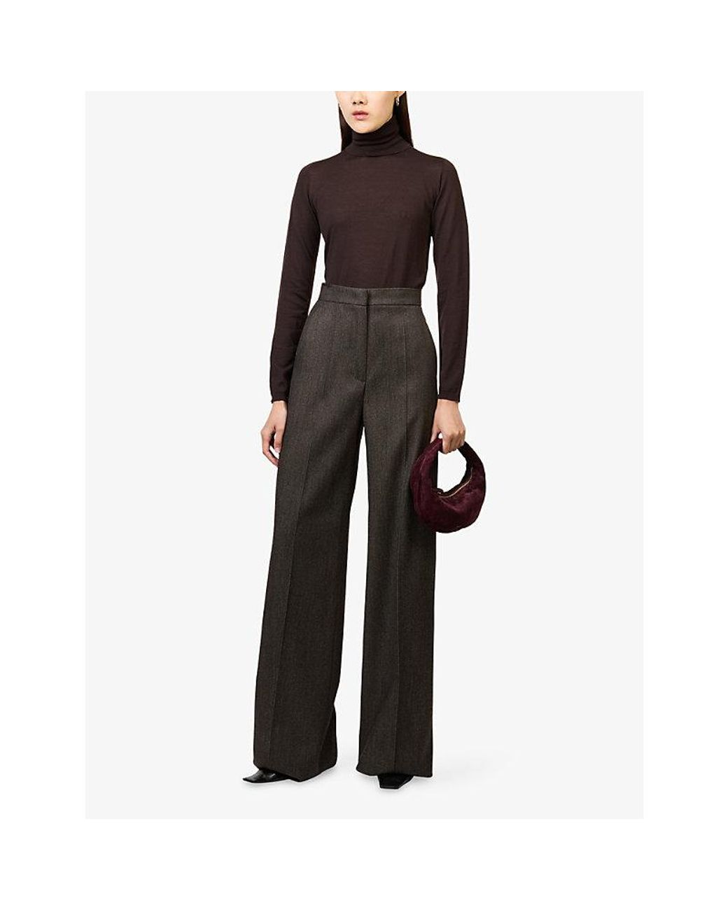 Max Mara Brown Denim-Look Wide-Leg Wool Trousers