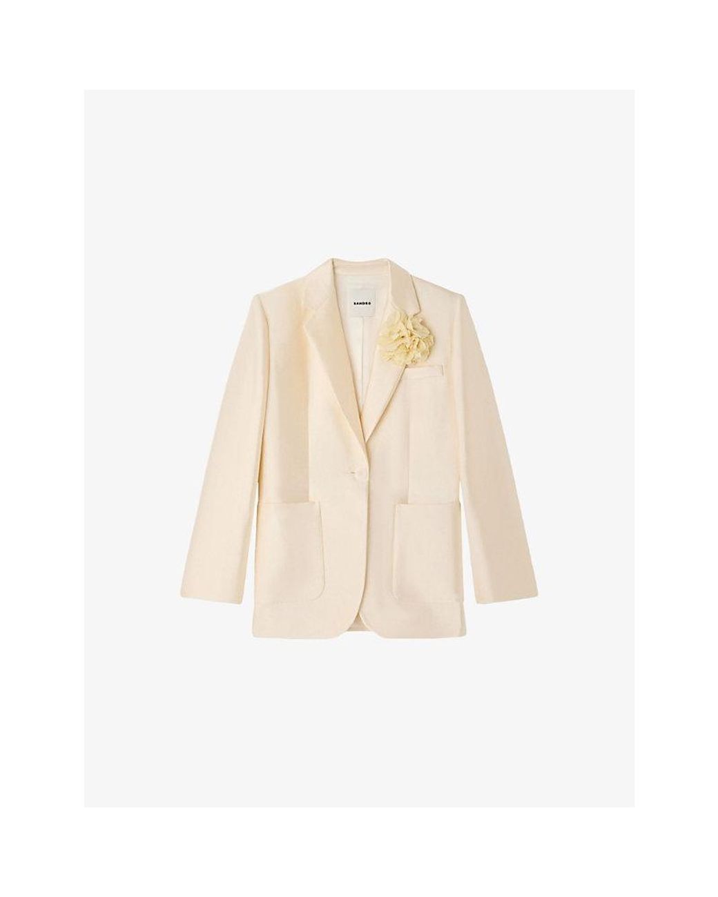 Sandro Natural Flower-Embellished Single-Breasted Satin Blazer