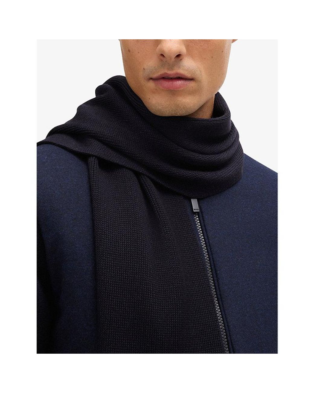Boss Blue Raschel-Knit Logo-Embroidered Wool Scarf for men