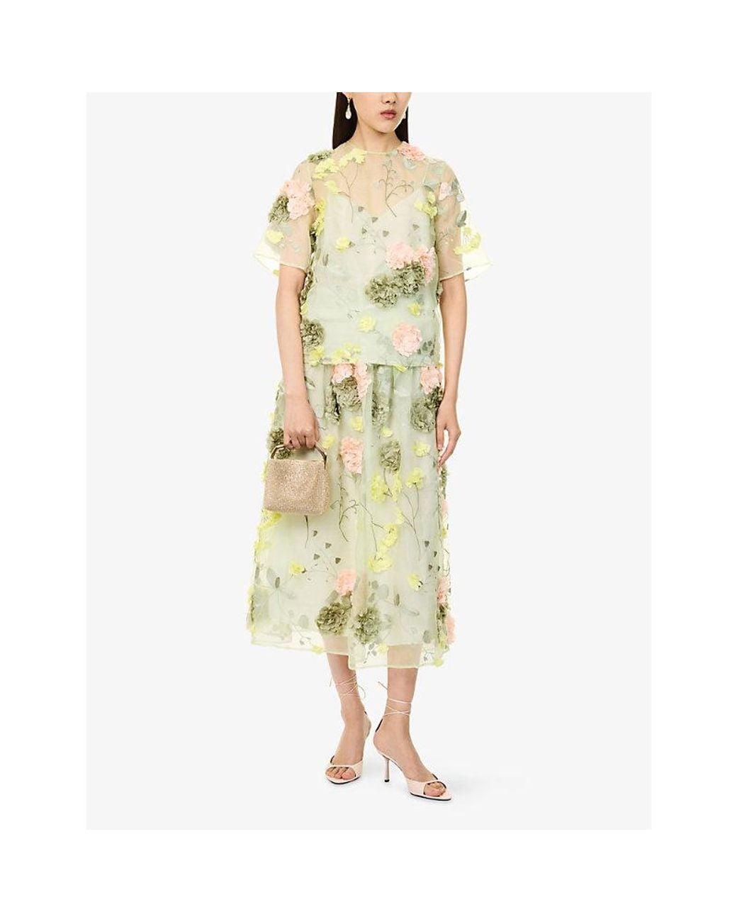 Huishan Zhang Metallic Lana Floral-Appliqué Silk Midi Skirt