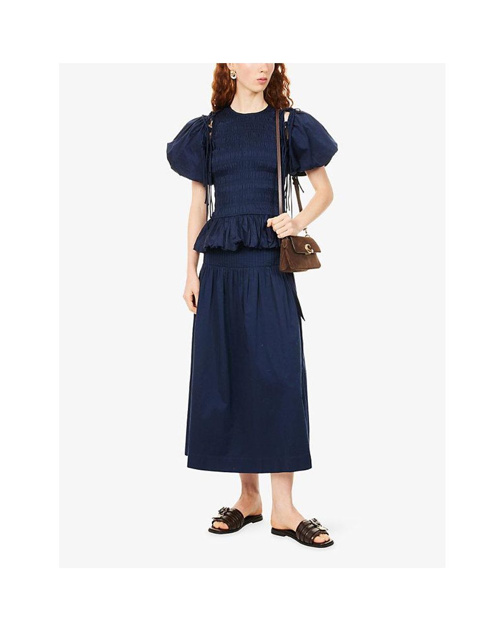 Damson Madder Blue Josie Shirred Cotton Midi Skirt
